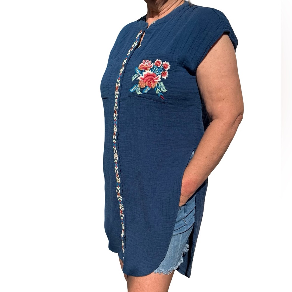 Boho Embroidered Blue Tunic Top Coverup Oversized Small Multicolor